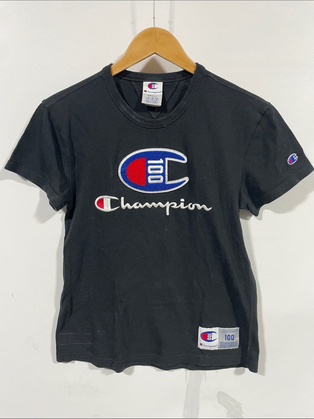 Champion Black Tee with Red & Blue Logo Embroidery